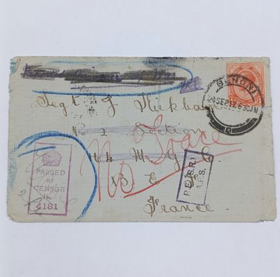 WW1 Postal cover censored and posted 24 September 1917 Benoui, South Africa to France marked No Trace on front and backstamped Machine Gun Corps