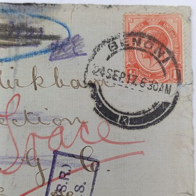 WW1 Postal cover censored and posted 24 September 1917 Benoui, South Africa to France marked No Trace on front and backstamped Machine Gun Corps