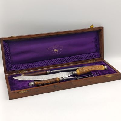 Antique Lockwood Brothers carving set in wooden case