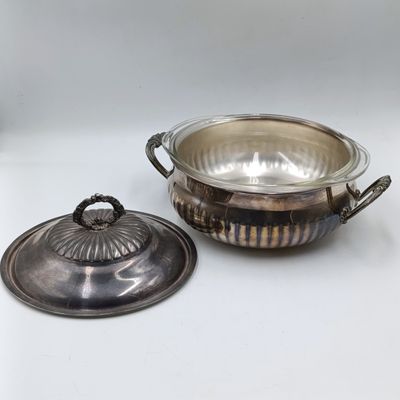 Vintage silverplated serving bowl with Pyrex glass inner and lid