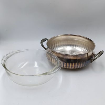 Vintage silverplated serving bowl with Pyrex glass inner and lid