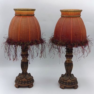 Pair of very unique resin candle holders with lamp-shade styled candles - looks like powered lamp when burning