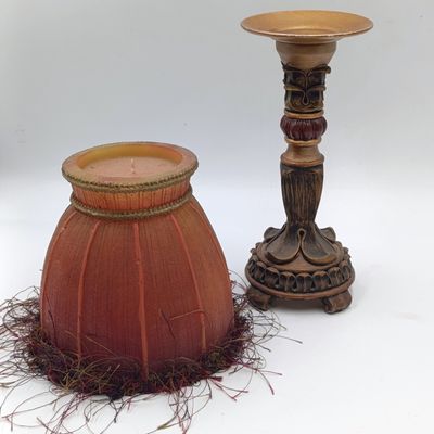 Pair of very unique resin candle holders with lamp-shade styled candles - looks like powered lamp when burning