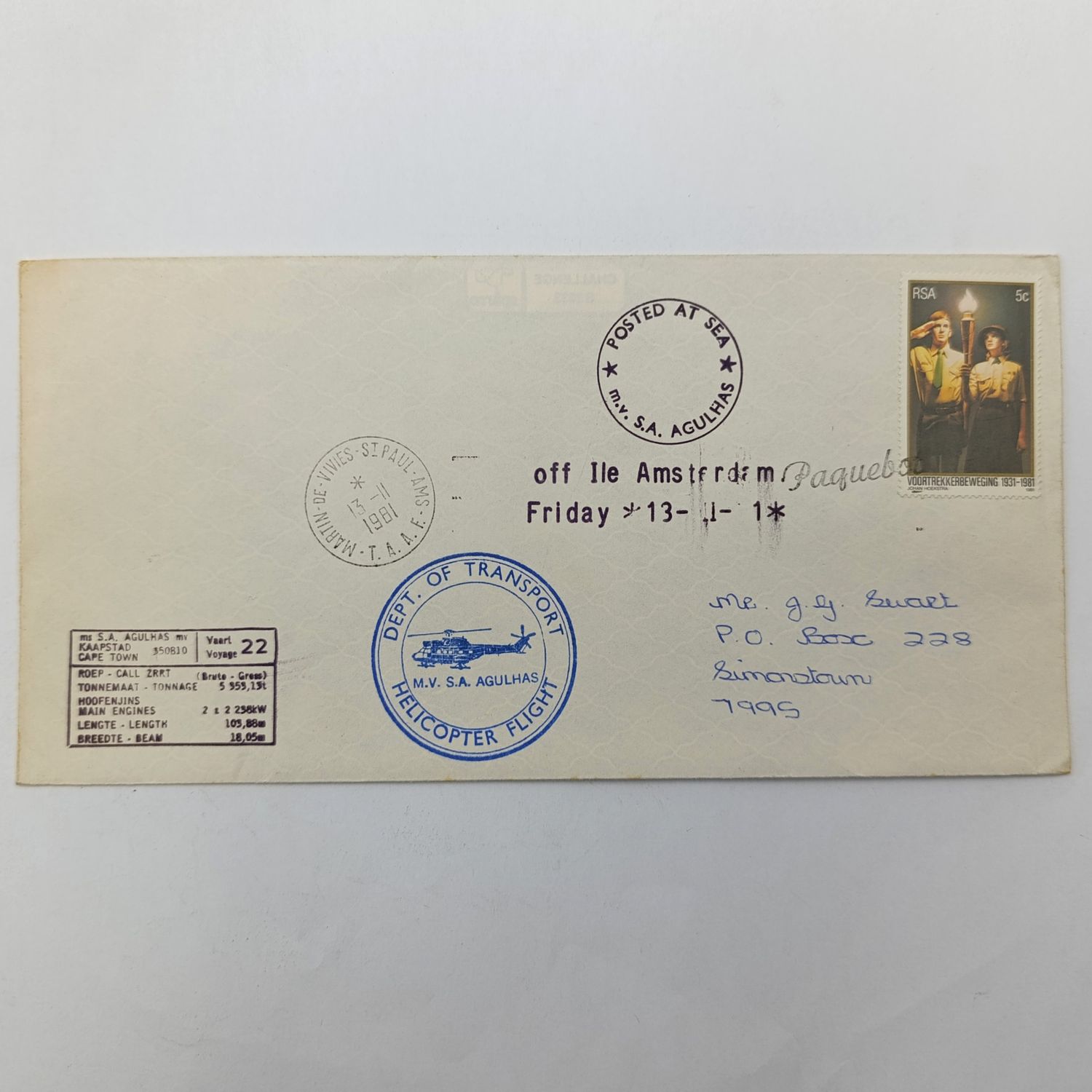 Postal cover posted at sea on SA Agulhas off Ile Amsterdam 1981 and transported by helicopter