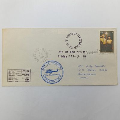 Postal cover posted at sea on SA Agulhas off Ile Amsterdam 1981 and transported by helicopter