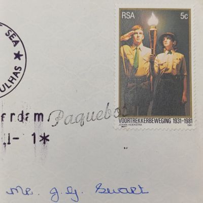 Postal cover posted at sea on SA Agulhas off Ile Amsterdam 1981 and transported by helicopter