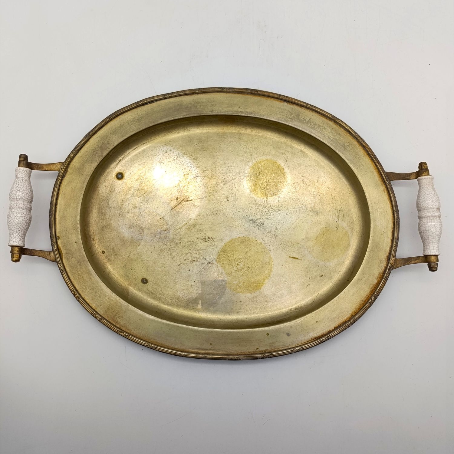 Vintage silverplated oval tray with porcelain handles