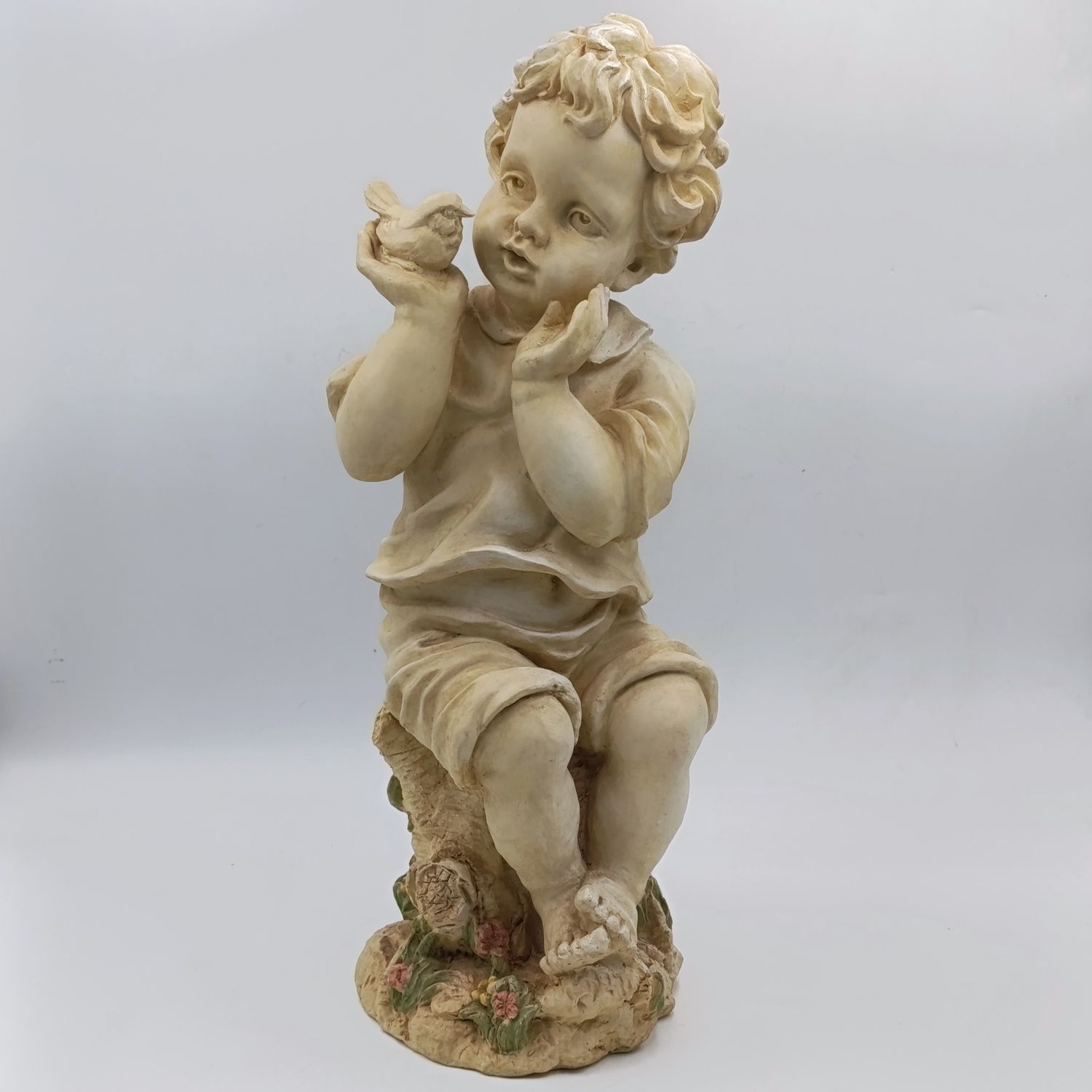 Beautiful little boy and bird resin sculpture - Height 40cm