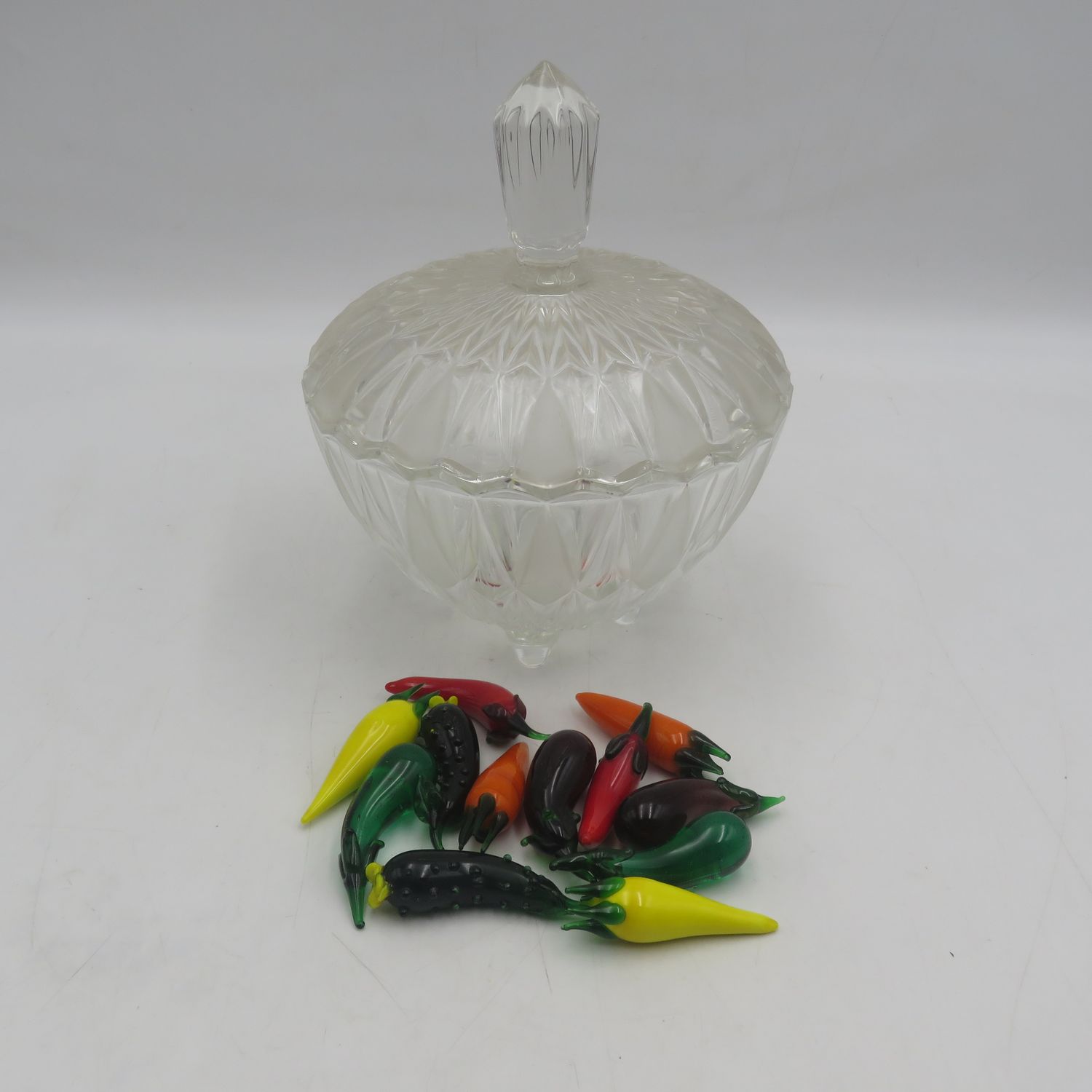 Vintage glass bowl with collection of mini glass vegetables - some has damage