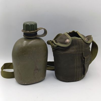 SADF water bottle with lid and firebucket in green material pouch and sling