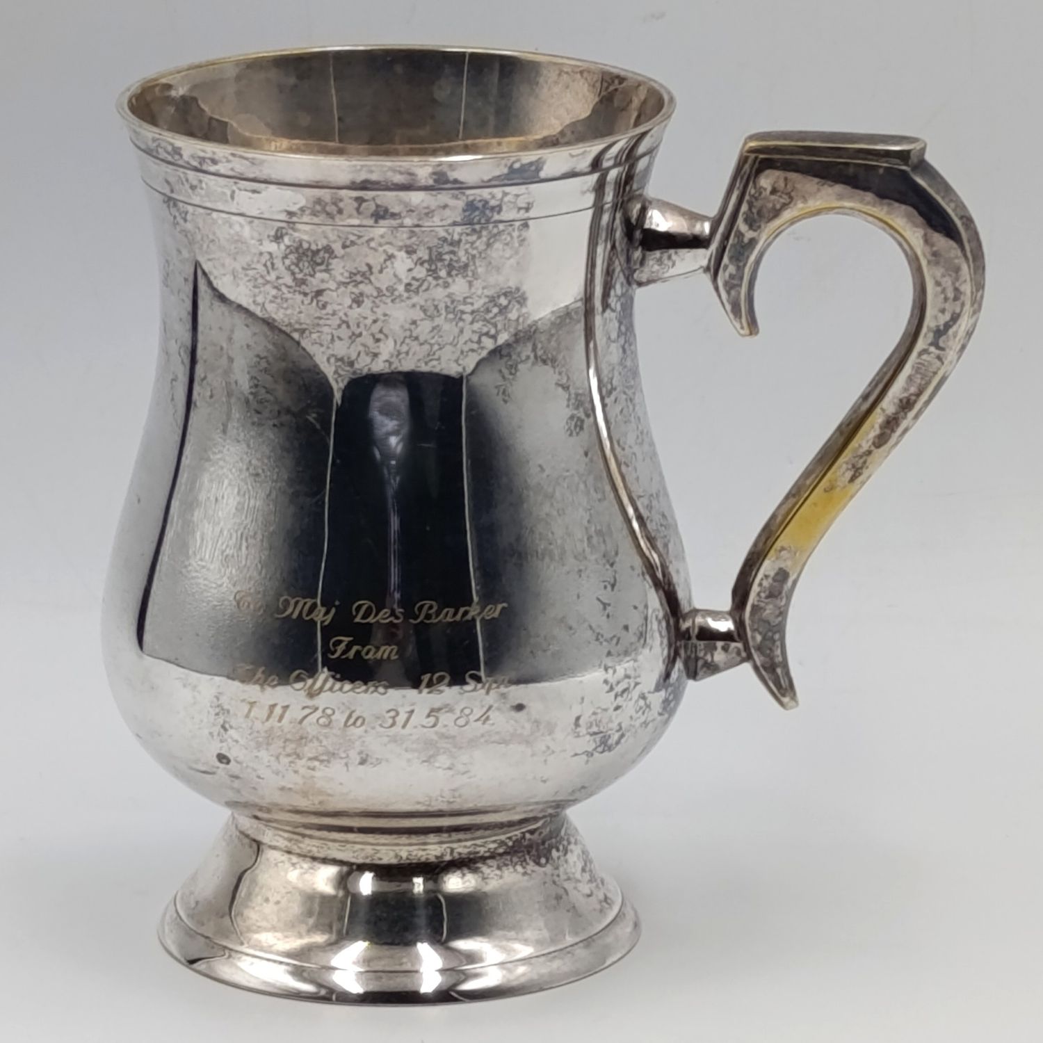 Silverplated mug given to Major Des Barker from the officers of 12 Squadron 1978-1984
