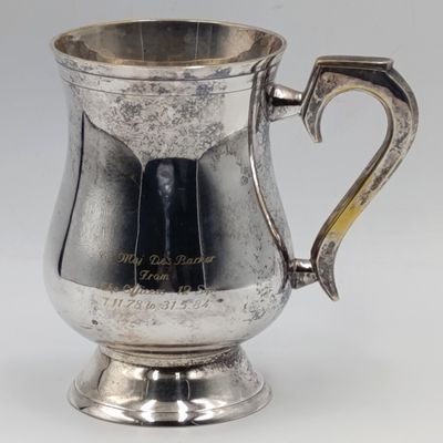 Silverplated mug given to Major Des Barker from the officers of 12 Squadron 1978-1984