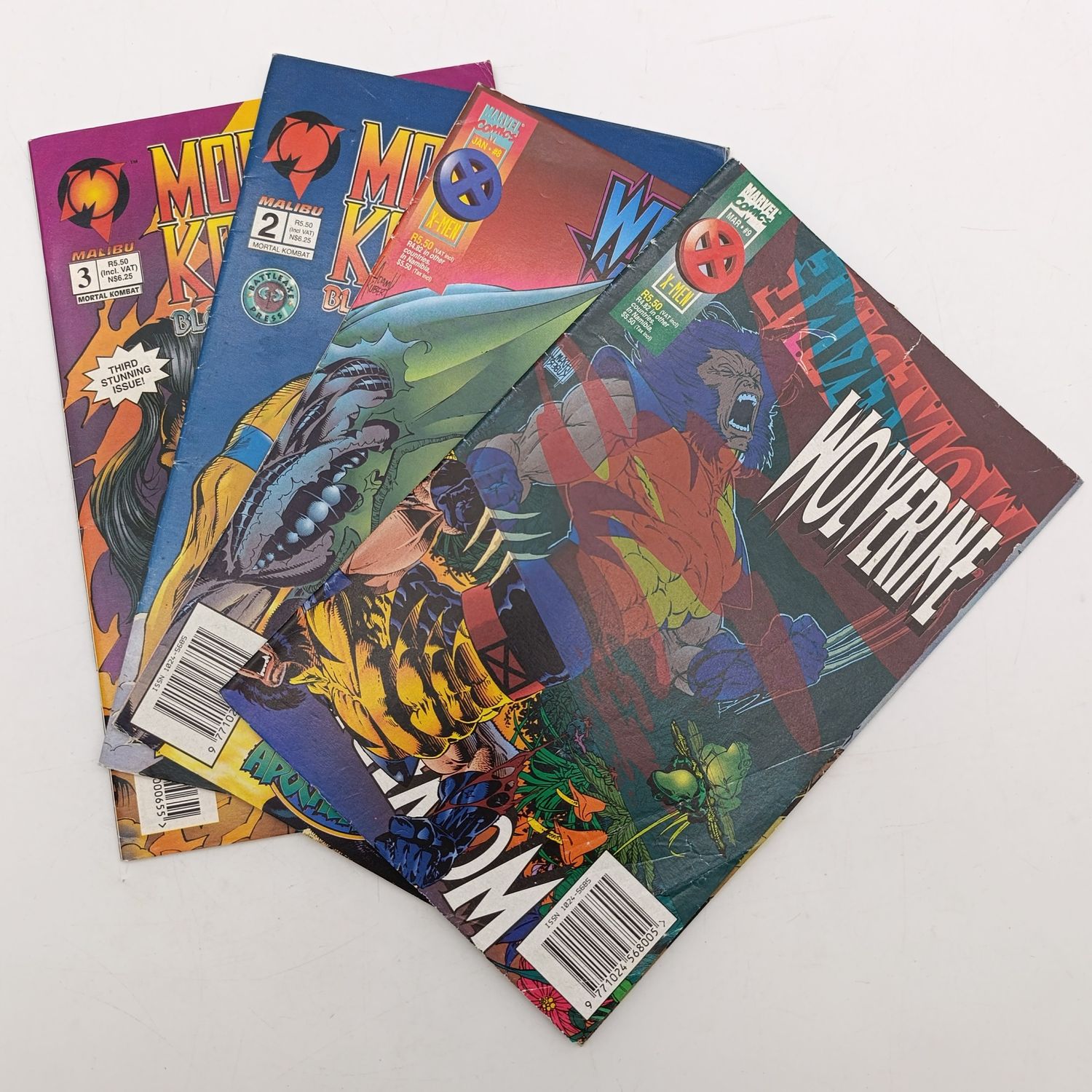 Lot of 4 vintage Comics - 1996 South African issue: Weapon X 8 Wolverine 9 Mortal Kombat 2 and 3