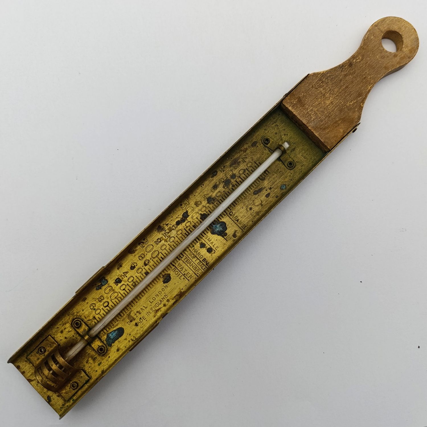 Vintage brass food grade thermometer with wooden handle