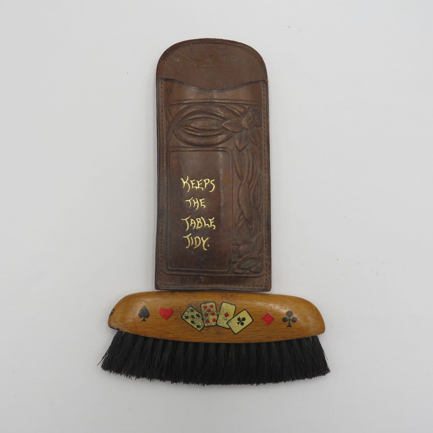 Card Table brush in leather pouch - vintage