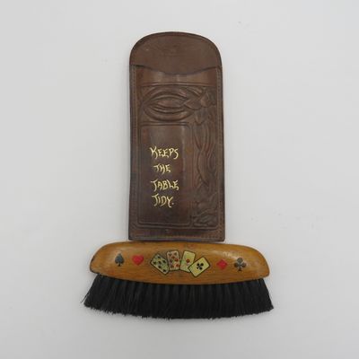 Card Table brush in leather pouch - vintage