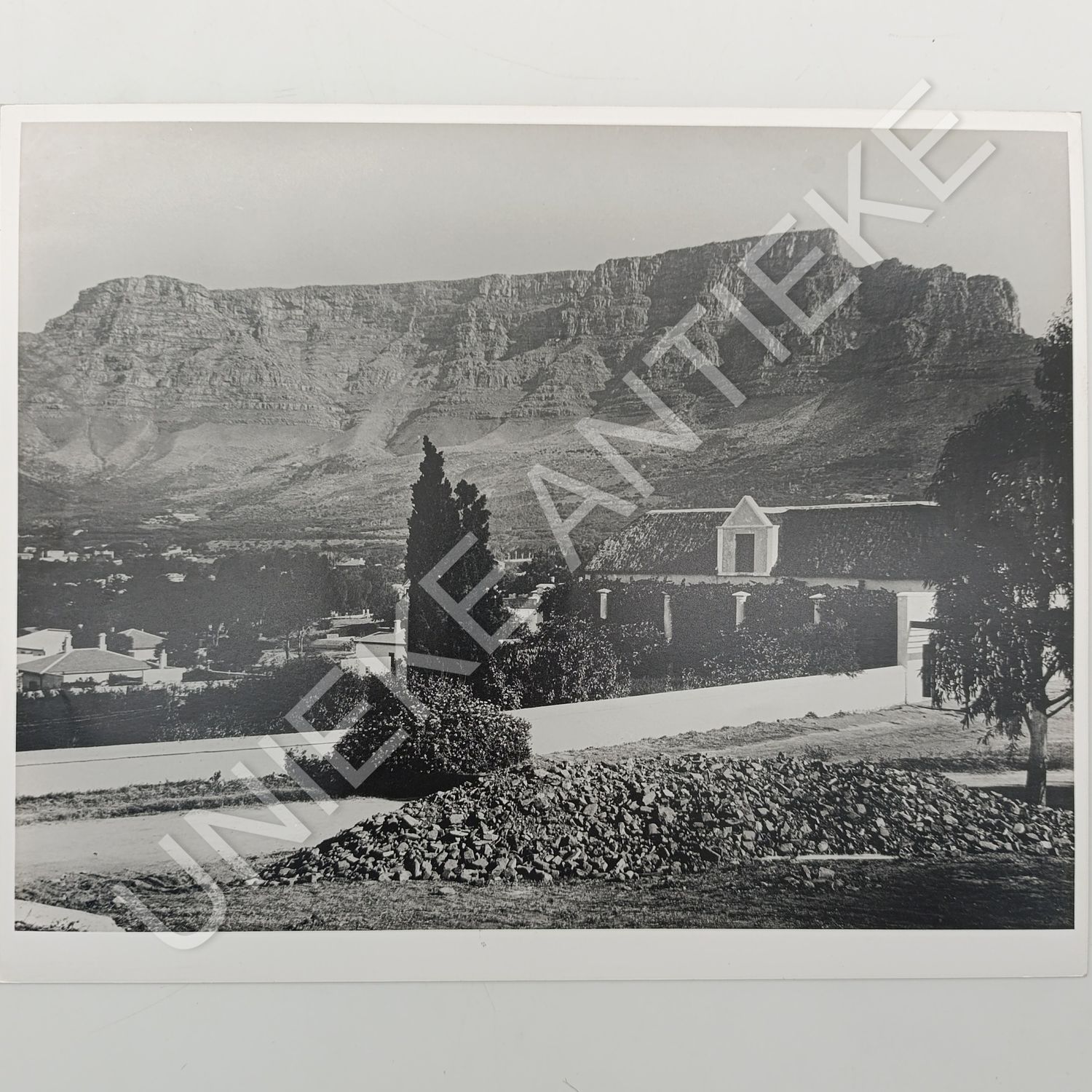 Antique photo reprint of Tamboerskloof farm house with Table Mountain in back