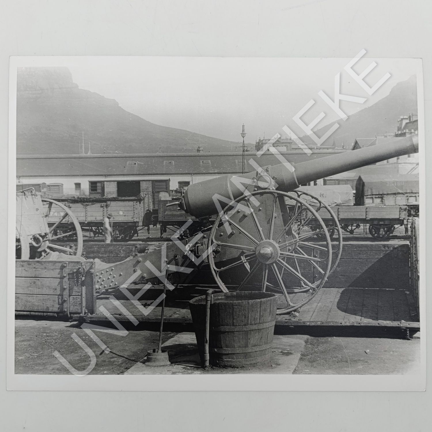 Antique photo reprint of Cannon transported by rail at Cape Town Railway yard