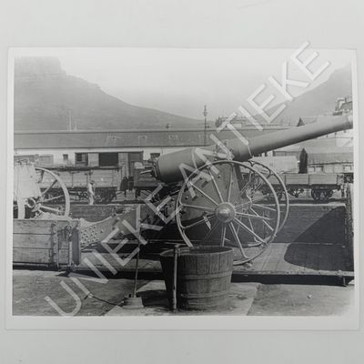 Antique photo reprint of Cannon transported by rail at Cape Town Railway yard