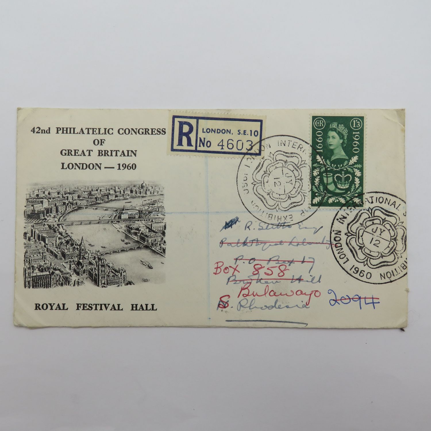 1960 International stamp exhibition London registered cover posted to Northern Rhodesia and rerouted to Southern Rhodesia via Broken Hill to Bulawayo with 1/3 British stamp