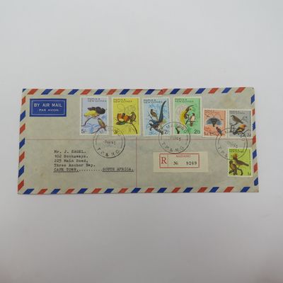 Papua &amp; New Guinea 1965 Bird stamps on cover - up to 5 shilling Posted Madang to Cape Town - registered via SYDNEY AUSTRALIA