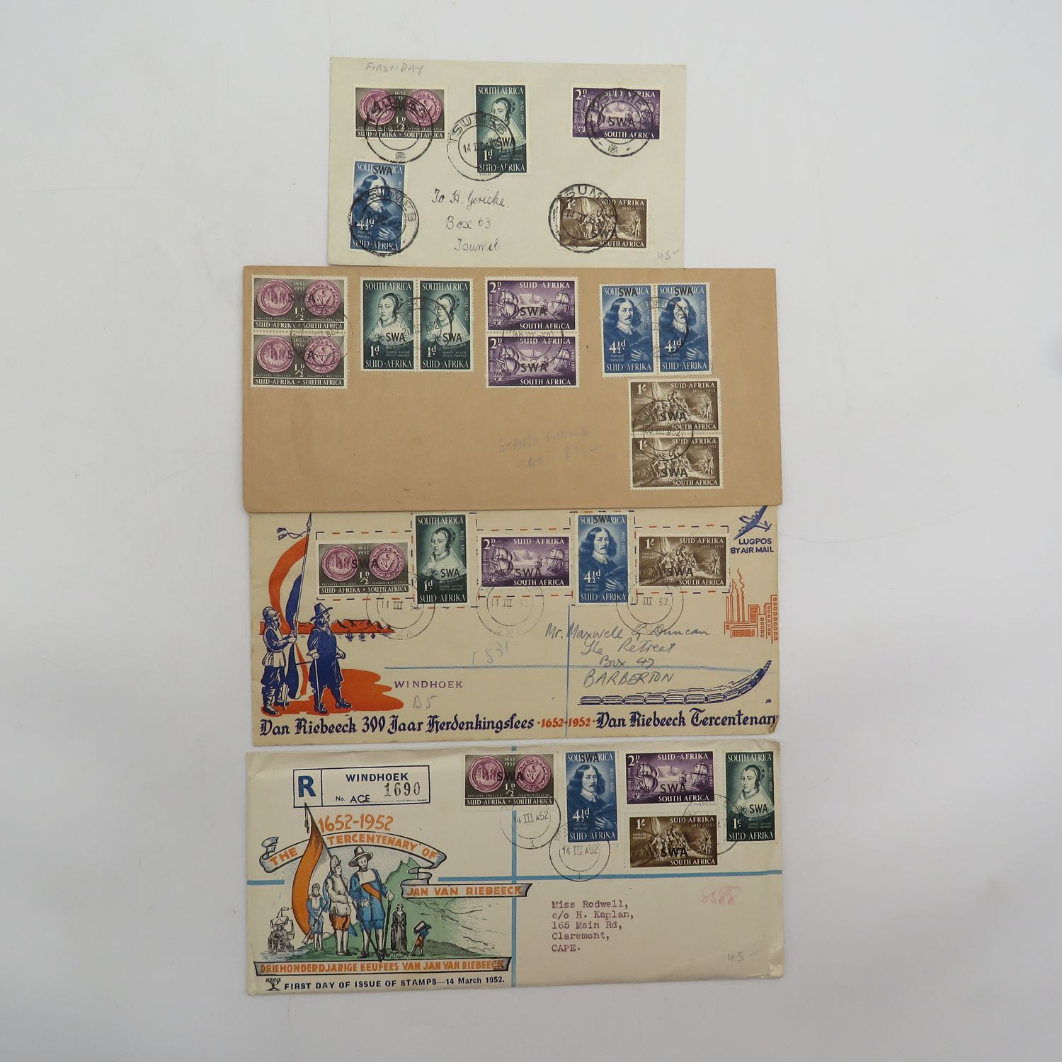 Lot of 4 different 1952 van Riebeeck Festival First Day Covers for SWA