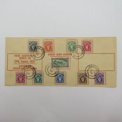 Zanzibar Definitive issue of 26 August 1952 First day cover with center stamp upside down - rare
