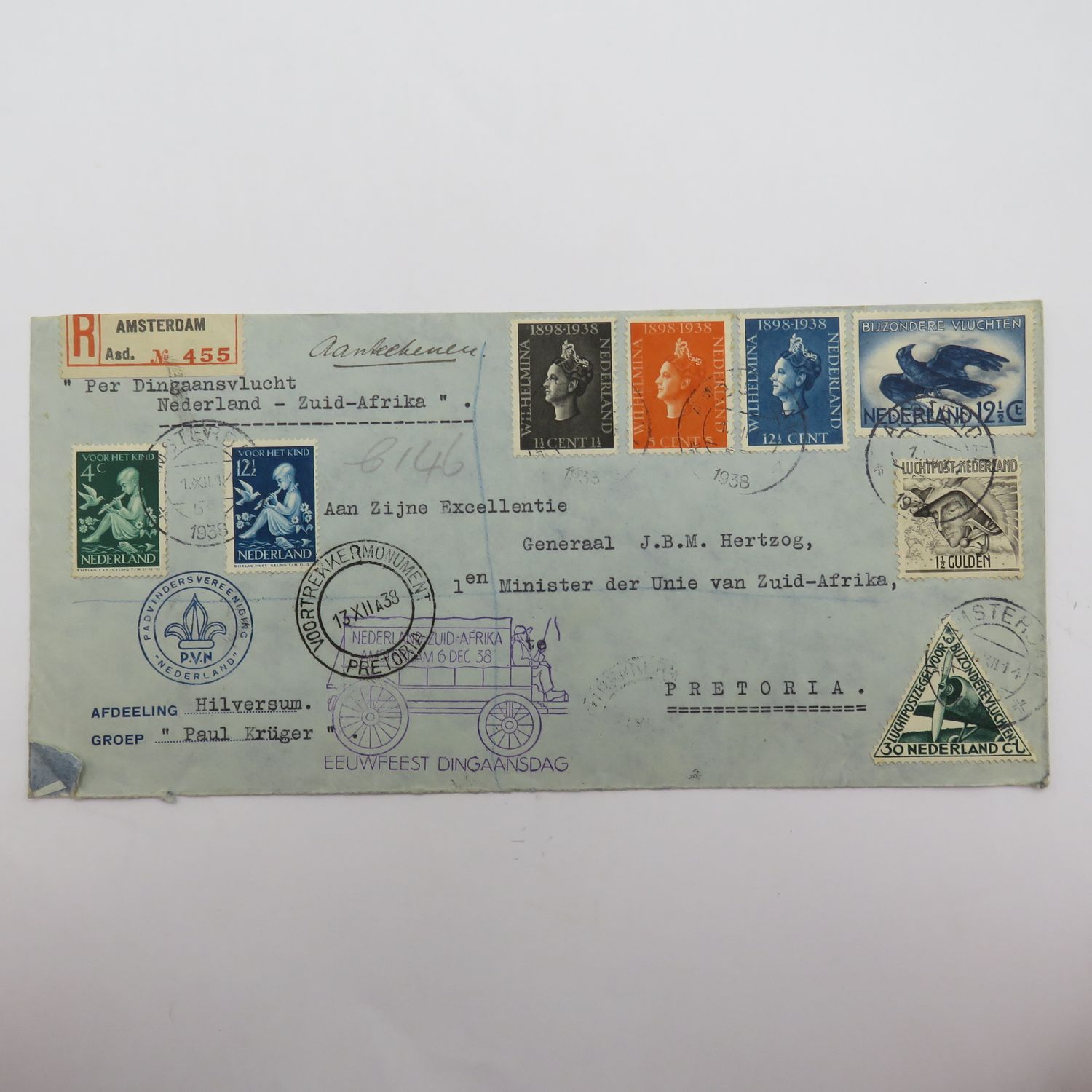1938 Dingaansdag Eeuwfeest cover posted from Hilversum, Nederland by Th. AAM Kannegieter to Generaal JBM Hertzog, 1e minister, Pretoria with 8 Netherlands stamps on Padvindersvereeniging Nederland