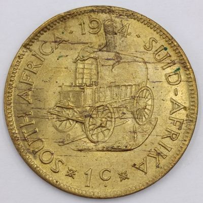 1964 South Africa one cent with metal flaw reverse top