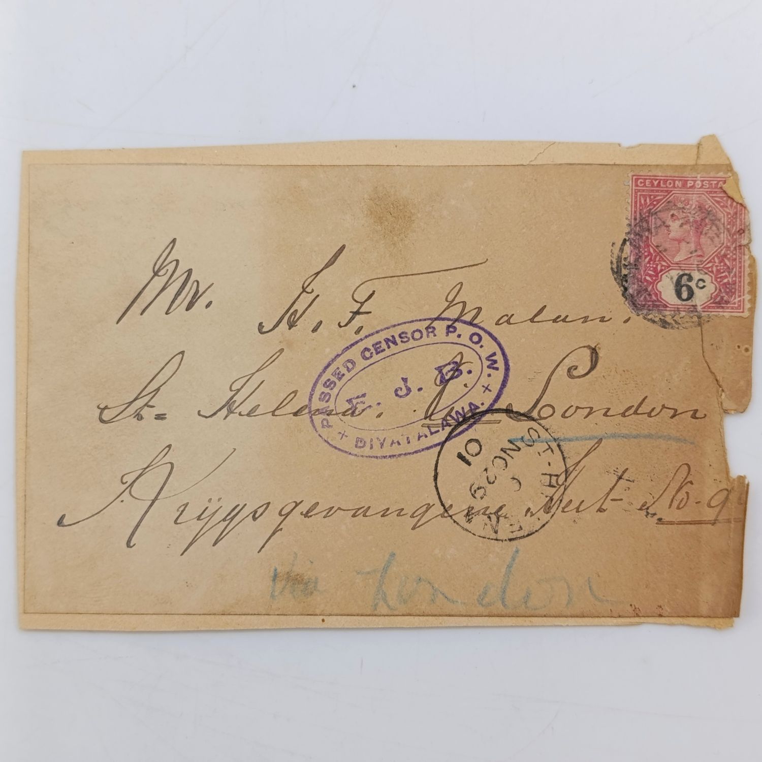 Back to back stuck Boer POW Cover fronts St Helena via London from Ceylon ( HF Malan ) and to JD Woest POW St Helena from India