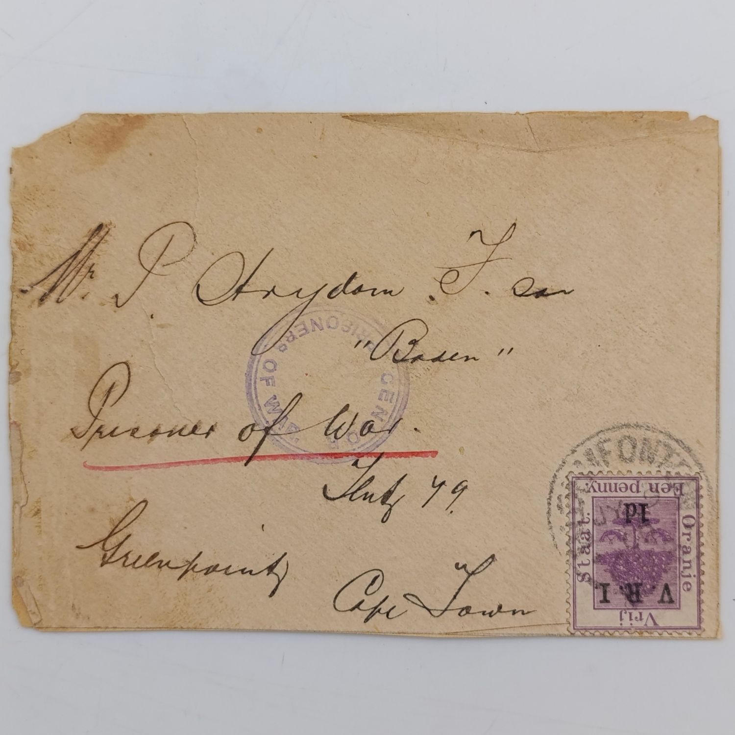 Boer War POW Cover front to P Strydom Greenpoint Camp posted from Bloemfontein with Vrij Staat Stamp