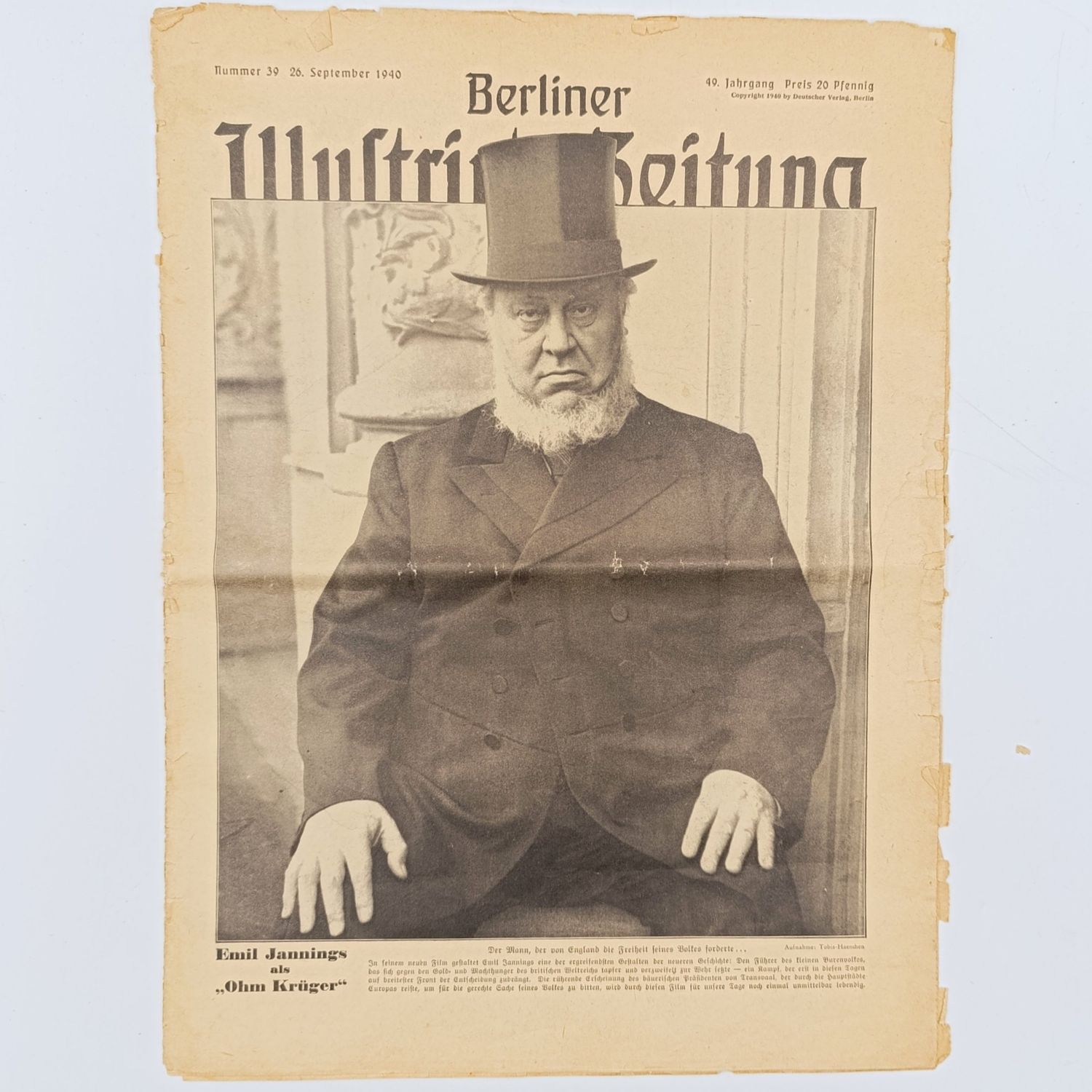 1940 WW2 Berliner newspaper with Paul Kruger on cover page