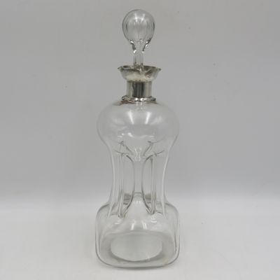 Victorian Arte Nouveau glass decanter with hallmarked silver rim - dated 1896 London