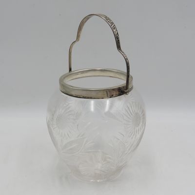 Antique Crystal cookie jar with 1907 Hallmarked silver trim and handle