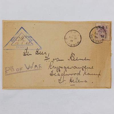 Boer War POW cover front to T van Reenen Deadwood Camp St Helena - Posted from Windburg 1902 with censor rubber stamp plus Vrij Staat 1 penny stamp