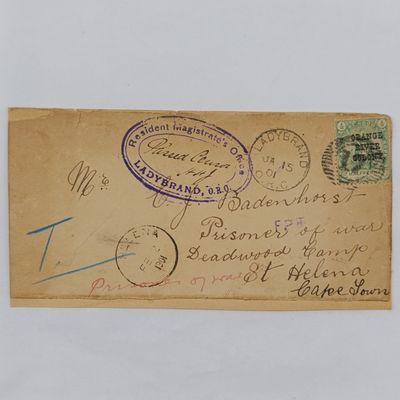 Boer War Cover Front Ladybrand to CJ Badenhorst - POW - Deadwood Camp St Helene February 1901 Tax mark and Orange River Colony half penny stamp Ladybrand Magistrates office censor