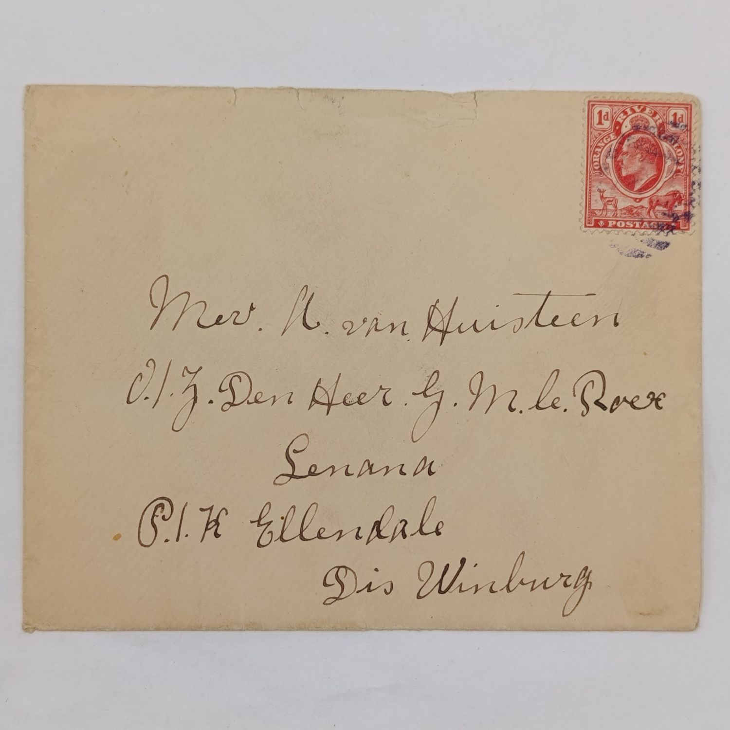 Cover Bloemfontein to Windburg with Orange river colony stamp December 1906