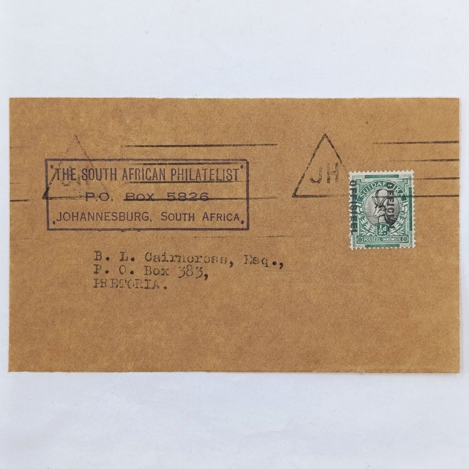 1949/50 Official springbok stamp on front addressed to Pretoria offset printing