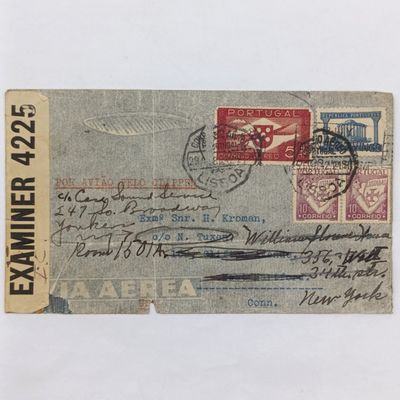 WW2 Postal cover from Lisbon Portugal to Conneticut USA, Twice rerouted to New York Addresses - with censor lable and 4 Portuguese stamps backstamped Sloan House YMCA - some damage