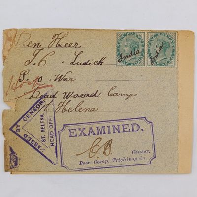 Pair of Boer War POW Cover Fronts Stuck back to back one to JC Ludick Deadwood Camp St Helena posted from India and one to JJ Pienaar Broad Bottom camp St Helena posted from Ceylon