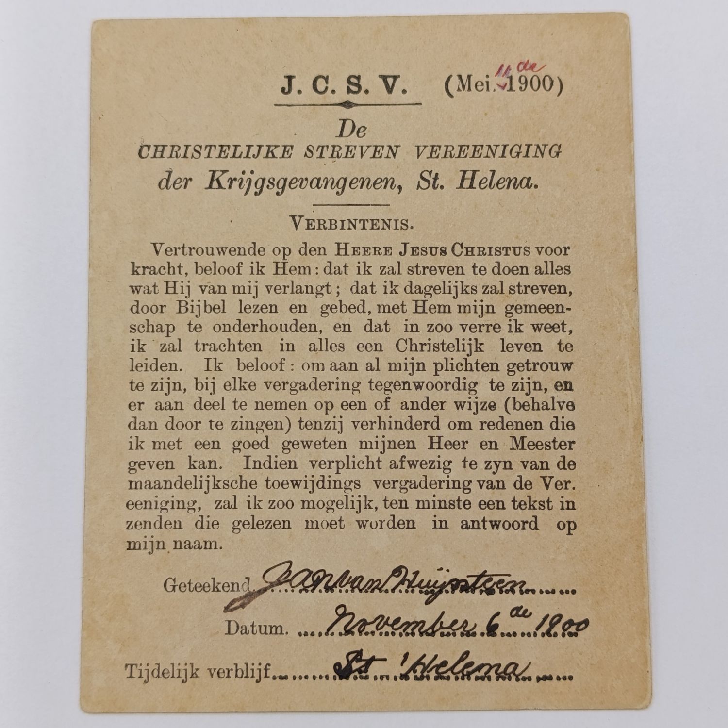 Boer War POW Christelijke Streven Vereniging der Krijsgevangenen St Helena Verbintenis Card May 1900 - Jan van Hujsteen