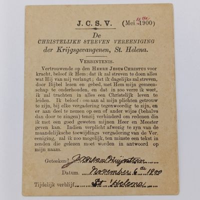 Boer War POW Christelijke Streven Vereniging der Krijsgevangenen St Helena Verbintenis Card May 1900 - Jan van Hujsteen