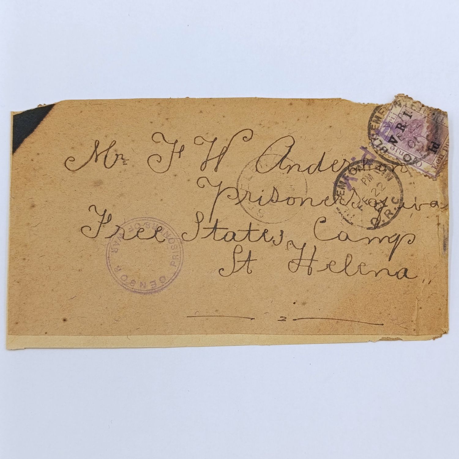 Pair of Boer War POW cover fronts stuck back to back - one to JA Fraser, Deadwood Camp, St Helena 1902 and the other to FH   Anderson, Free State Camp, St Helena from Bloemfontein