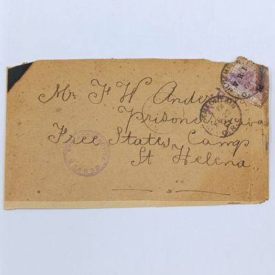 Pair of Boer War POW cover fronts stuck back to back - one to JA Fraser, Deadwood Camp, St Helena 1902 and the other to FH   Anderson, Free State Camp, St Helena from Bloemfontein
