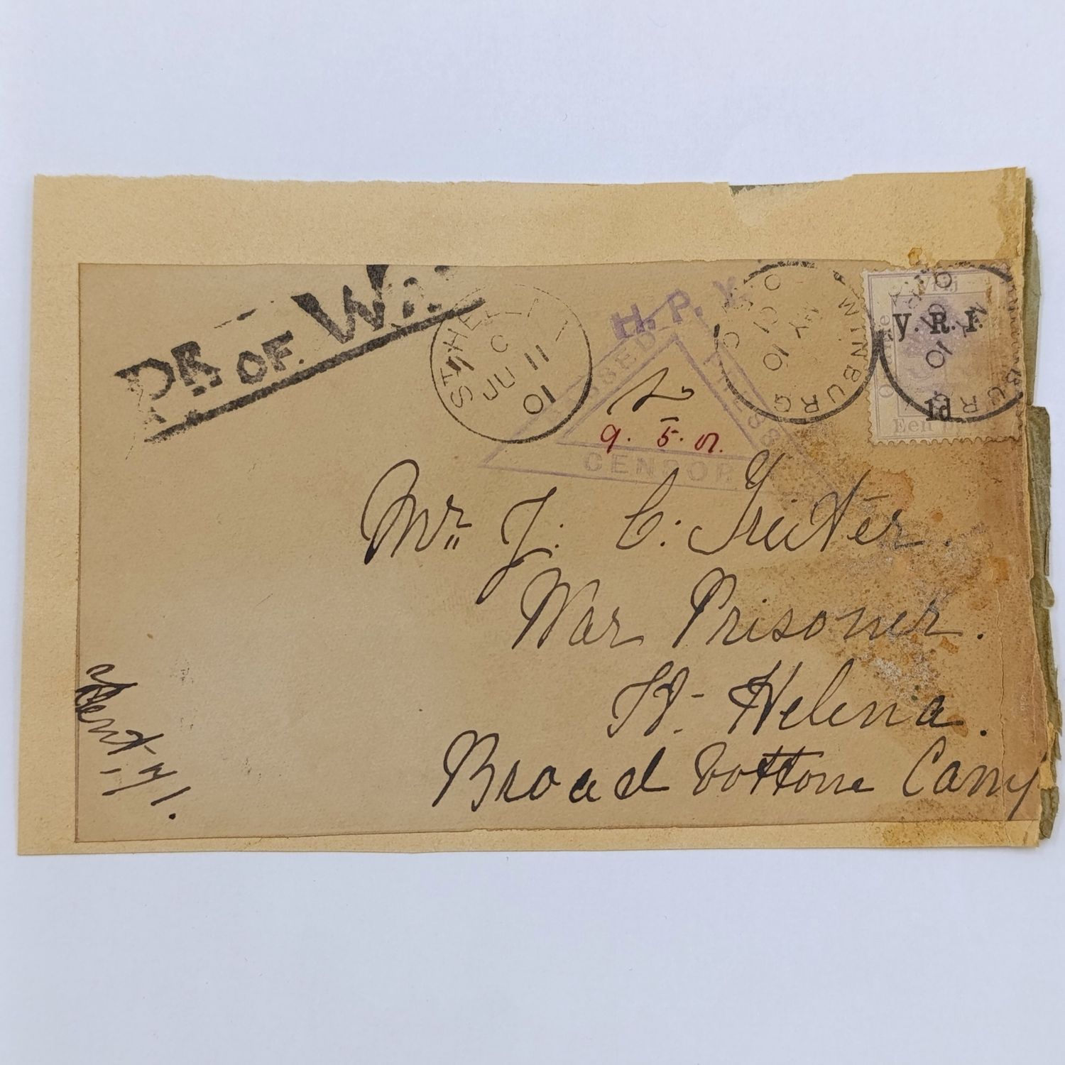 Boer War POW cover fronts stuck back to back - one from Heilbron to JL Pretorius, Deadwood Camp, St Helena 1902 and the other from Winburg Free State to JC Truter, Broad Bottom Camp, St Helena