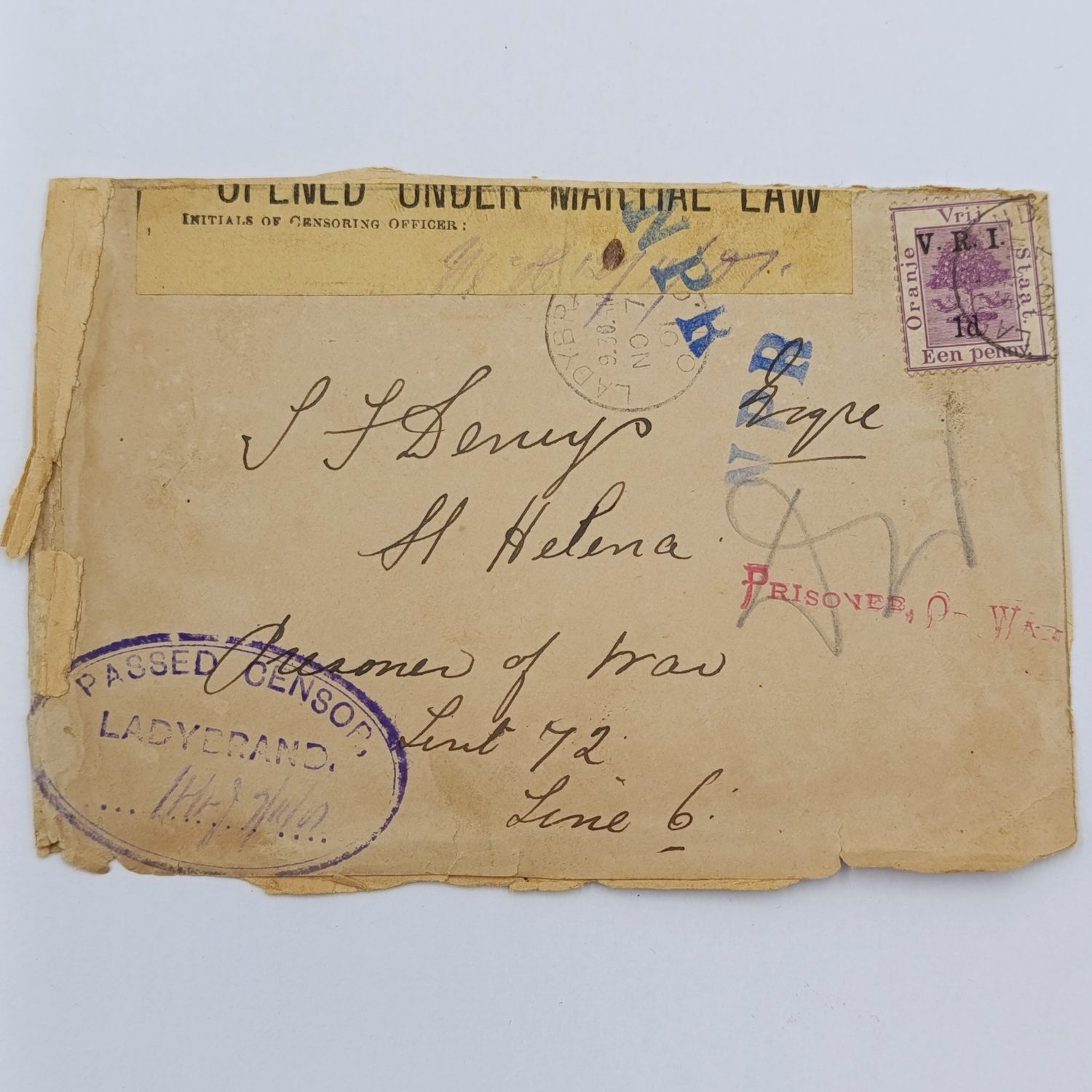 Pair of Boer War POW cover fronts stuck back to back - one from Orange River Colony to W van Niekerk, Broad Bottom Camp, St Helena 1901