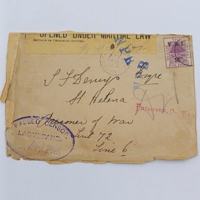 Pair of Boer War POW cover fronts stuck back to back - one from Orange River Colony to W van Niekerk, Broad Bottom Camp, St Helena 1901