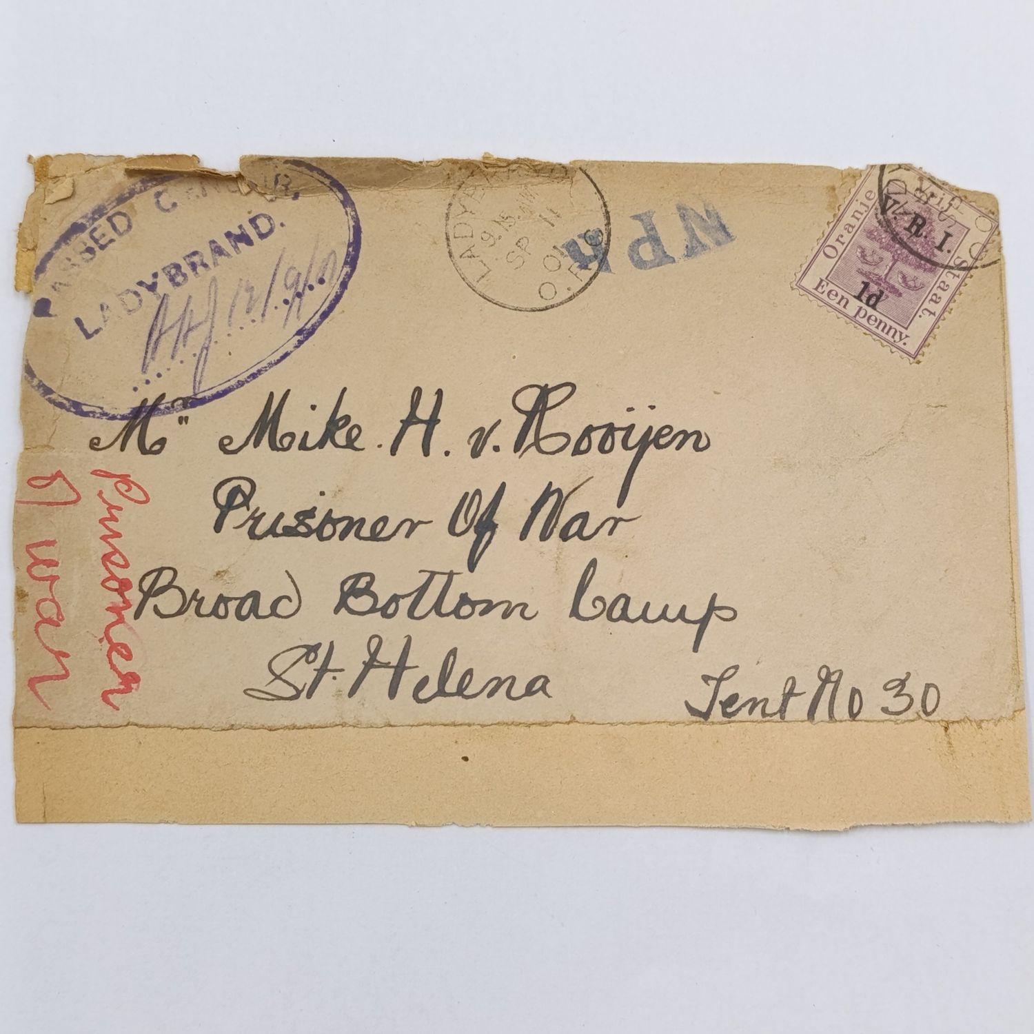 Pair of Boer War POW Fronts stuck back to back - one to Jan Fustenburg, St Helena from Bloemfontein, ORC 1901 - the other from Ladybrand, Vrij Staat to Mike H van Rooyen, Broad Bottom Camp, St Helena