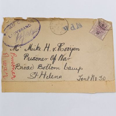 Pair of Boer War POW Fronts stuck back to back - one to Jan Fustenburg, St Helena from Bloemfontein, ORC 1901 - the other from Ladybrand, Vrij Staat to Mike H van Rooyen, Broad Bottom Camp, St Helena