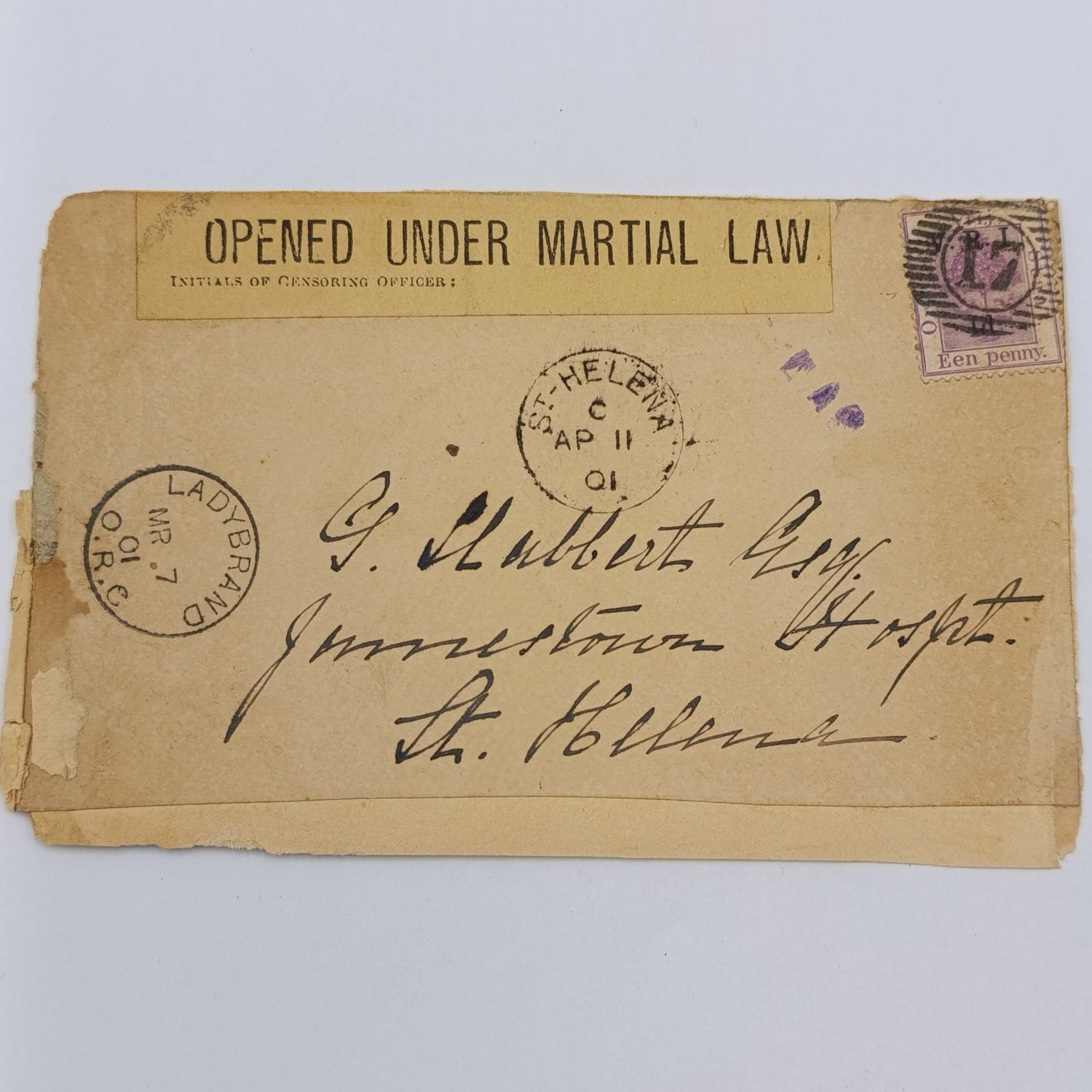 Pair of Boer War POW Cover fronts stuck back to back - one from LADYBRAND, ORC to G Slabbert, Jamestown Hospital, St Helena 1901 and the other to CJ du Plooy, Deadwood Camp, St Helena